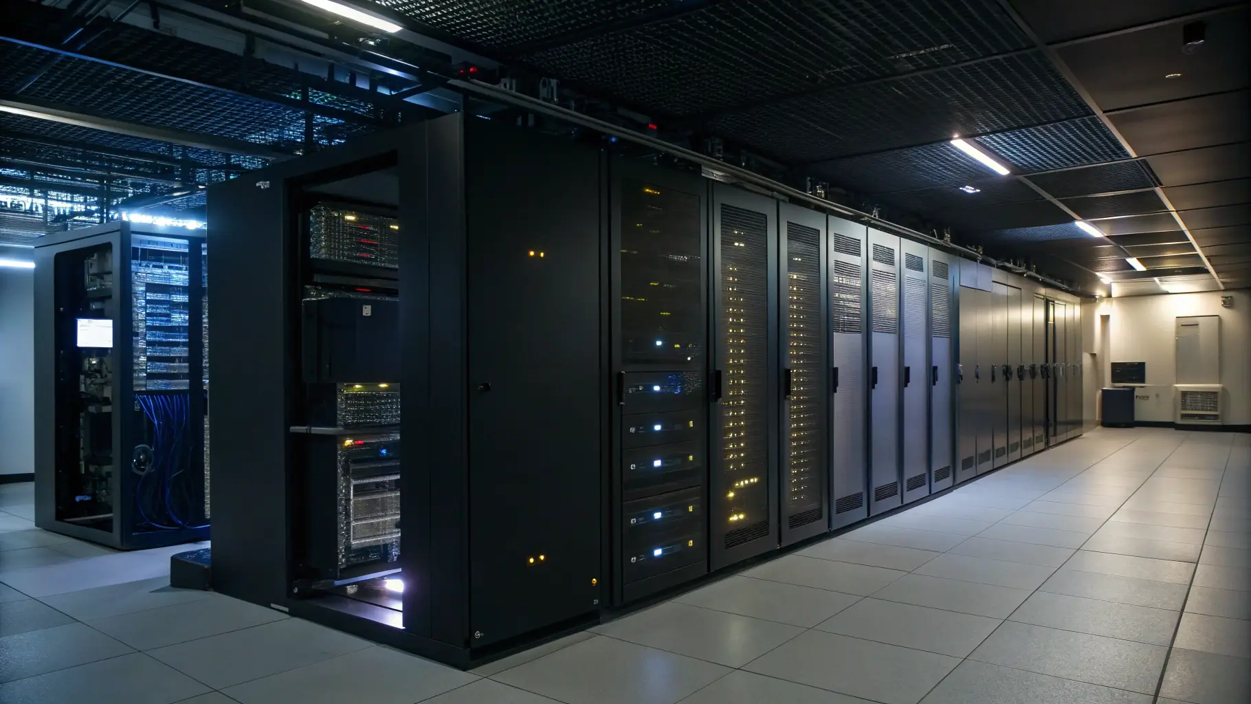 A secure server room with blinking lights and multiple screens displaying security monitoring dashboards.